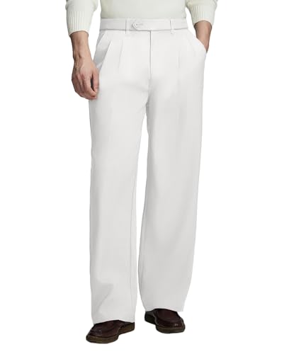 Susclude Dress Pants for Men Casual Baggy Pleated Wide Leg Pants Loose Fit Old Money Wedding Pants Elastic Waist Trousers White