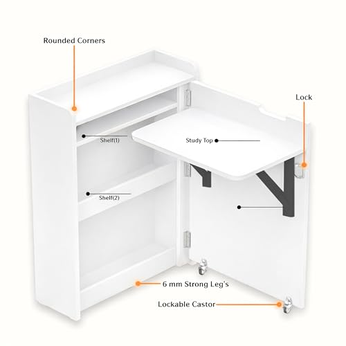 Image of Klaxon Foldable Study Table with Drawer & Storage Shelf | Compact Desk for Home & Students | Folding Design with Lockable Wheels. (Black, DIY Installation) (White, Heli)