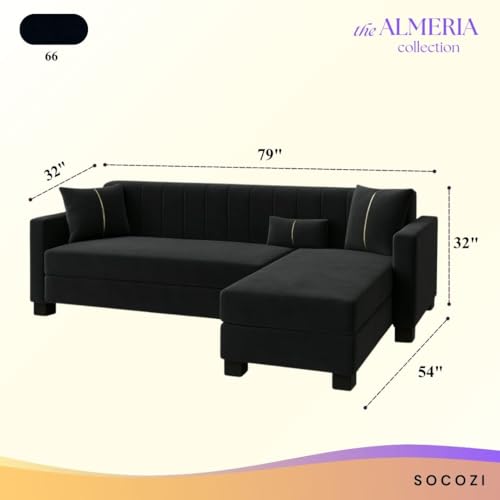 Image of SOCOZI Almeria 4 Seater RHS L Shape Sofa Set | Soft Velvet Suede Fabric | Modern Design | Plush Comfort Cushions for Living Room (Black)