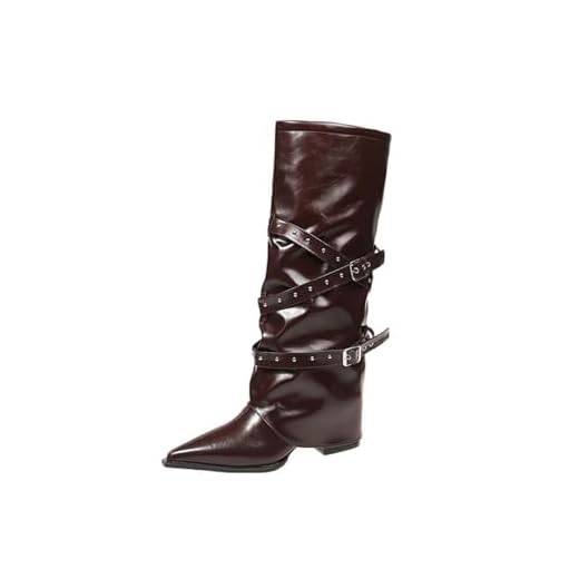 Botas de cano alto com bico fino e fivela de metal com salto bloco para um visual moderno casual de inverno, Marrom, 35