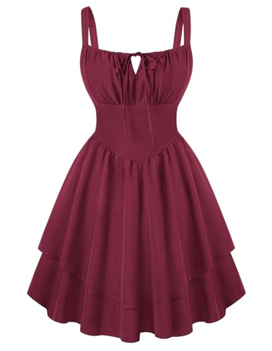 Image of Scarlet Darkness Corset Mini Dress for Women Teens Grad Homecoming Sundress | Corset mini dress with adjustable straps, square neck front tie, smocked back, left zip, side pockets, dual-layer A-line hem