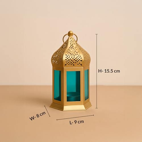 Image of MARKET 99 Metal & Glass Moroccan Lantern Candle Holder | Decorative Tealight Lantern for Home Decor, Living Room & Table | Valentine, Diwali, Wedding-Golden & Blue | (Use LED T-Light only)