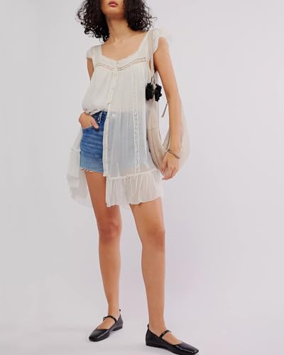 Gacaky Women Casual Loose Mini Dresses Short Sleeve A-Line Lace Swing Sundress Beach Vacation Mini Dress4