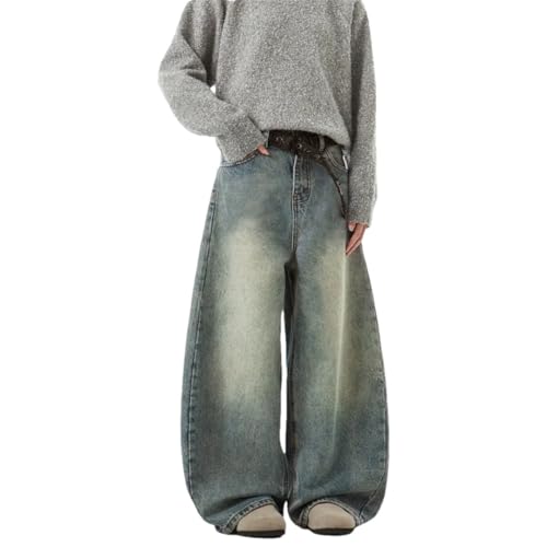 Men's Loose Fit Wide Leg Jeans Vintage Straight Cut Floor-Length Denim Pants for Fall Casual Style