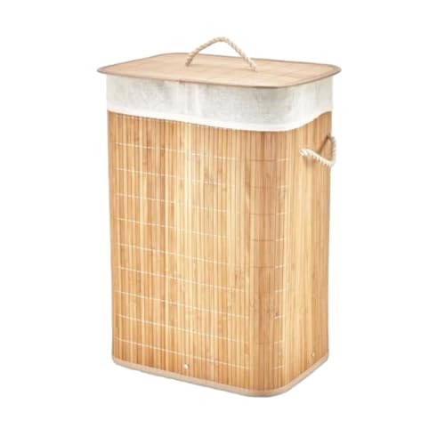 Çamaşır Sepeti, Dikdörtgen Bambu Ahşap Kirli 40X30X60 CM Seyyar Kapaklı İçi Bezli İP Kulplu (5264)
