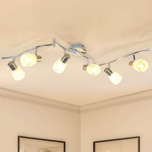 HiBay 6-Light Track Lighting, Flexible Ceiling Light Fixture w/Glass Shades, Modern Chrome Track Spot Lights Indoor for Kitchen, Living Room, Bedroom, E12 Base, No Bulbs 6-Light Chrome