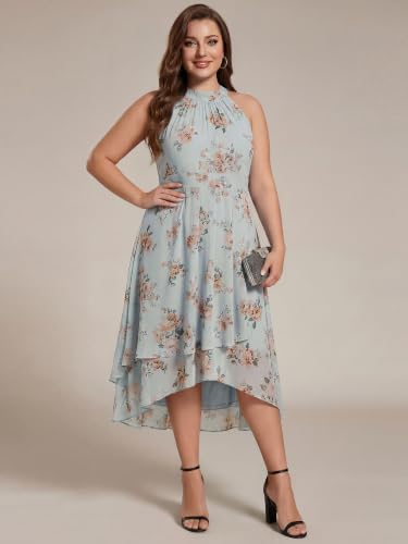 Image of Ever-Pretty Plus Women's Sleeveless Halter A Line Pleated High Low Plus Size Wedding Guest Cocktail Dresses 31926-DA