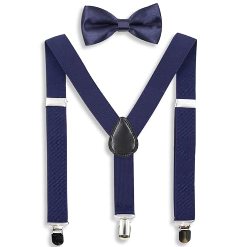 Hanerdun Kids Suspender Bowtie Sets Adjustable Suspender With Bow Ties Gift Idea For Boys And Girls, Navy Blue, One Size