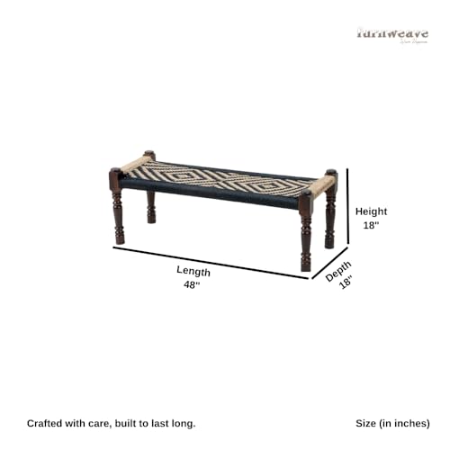 Image of Wooden Bench for Seating | Handcrafted Sheesham Wood Bench for Living Room, Balcony & Garden | Traditional Patio for Outdoor with Cotton and Jute Handwoven Rope | Black and Jute