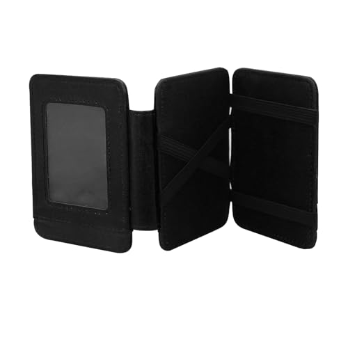 AfitLulu PU Magic Wallet, Men’s Ultra-Thin Three Fold Flip Wallet with ID Window, Two Side Opening Magic Leather Money Clip for Credit Cards, ID Cards, and Folded Cash (Black)