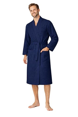 Image of Turkish Linen Men's Waffle Bathrobe Lightweight Kimono Spa Robe - Quick Dry Bath & Shower Robe for Men with Pockets