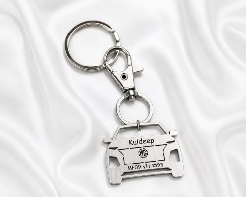 Image of Personalized Stainless Steel Key Chain /Key Ring | Durable, Compatible with All Models | Customized Car Number Plate | Ideal Gift for Him (Silver)
