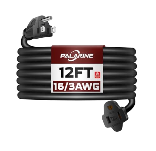 PALARINE 12ft Black Outdoor Extension Cord Waterproof UL Certified 16/3 SJTW Heavy Duty 3 Prong 16 Gauge 13A Power Cord Ideal for Indoor Outdoor Lights Appliances and Lawn