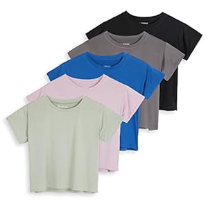 Real Essentials 5 Pack: Women’s Dry Fit Crop Top – Short Sleeve Crew Neck Stretch Athletic Tee (Available in Plus Size)