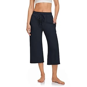 UEU Womens Plus Size Capris Loose Cropped Yoga Pants 2XL Wide Leg Lightweight Lounge Pajama Capri Sweatpants with Pochets(Navy,XXL)