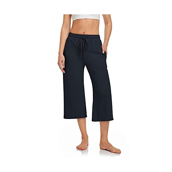 UEU Womens Plus Size Capris Loose Cropped Yoga Pants 2XL Wide Leg Lightweight Lounge Pajama Capri Sweatpants with Pochets(Navy,XXL)