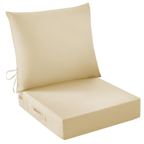 Image of IASEAHK Outdoor Seat Cushion Set, Waterproof & Fade Resistant Patio Chair Cushions, Outdoors Cushion for Patio Furniture, 24 x 24 x 4 Inch, Outdoor Couch Cushions with Handle and Ties, Light Khaki