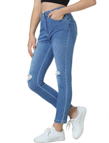 EXARUS Girls Jeans Pants Skinny Denim Pant Ripped High Waist Elastic Band Casual with Pockets Kids2