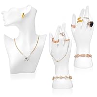 AojSup 3 Pcs Jewelry Mannequin Display Set - White PVC Bust Holder with 2 Hand Displays for Necklace, Earring, Bracelet & Ring Showcase - Elegant Jewelry Display Mannequins for Boutique & Photography