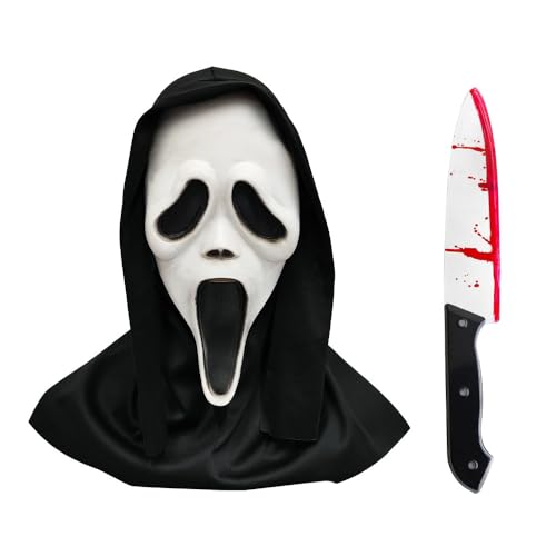 XFSRG 2 peças Halloween Scream Mask e faca falsa sangrenta conjunto de assustadores máscara Ghostface para eventos festas disfarces terror(Set A)