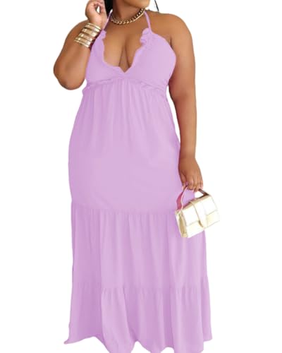 Image of TOPSRANI Womens Sleeveless Maxi Dress Halter Casual Backless Smocked Tiered Ruffle Flowy Sexy Slip Sling Strap Dresses