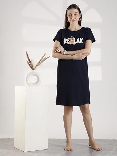 Image of 9shines Label Hosiery Cotton Knee Length Short Night Dress | Short Nighty for Women with Pocket | Graphic Print Nightwear | Night Gown for Women (M-7XL)