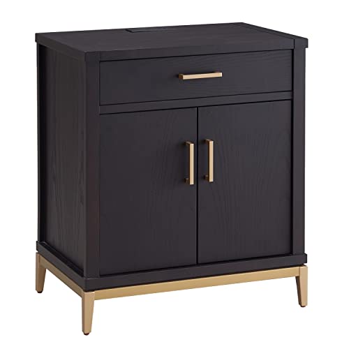 Image of Leick Home Julien Nightstand Side Table One Drawer and Lower Cabinet Modern - Fast Charging Station - Durable Solid Wood - Living Room, Bedroom, Office, Black with Gold Trim, 9079-BLKGD