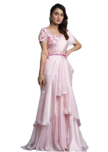 Women\'s Stitched Silk Layer Ruffle Work Lehenga Sari Diwali Festival wedding Lehenga Saree 7602 (Pink, XL)