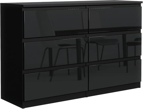 meble masztalerz Commode Chambre avec 6 Tiroirs - Meuble de Rangement pour Salon et Entrée Couloir - Spacieuse et Design - Noir & Brillant - 120 x 39 x 78,5cm