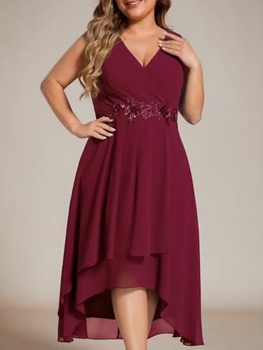 Image of Ever-Pretty Plus Women's V Neck Applique Chiffon Pleated Sleeveless Midi Plus Size Cocktail Party Dresses
