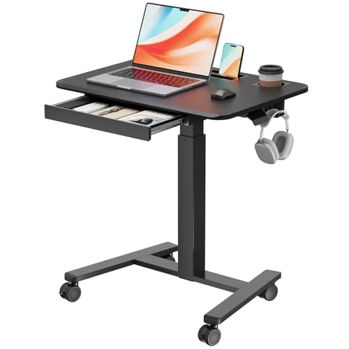 Image of Mobile Standing Desk with Drawer, 28 inch Rolling Desk with Cup Holder and Hooks, Portable Laptop Workstation on Wheels, Height Adjustable Cart with Storage for Home Office, Black