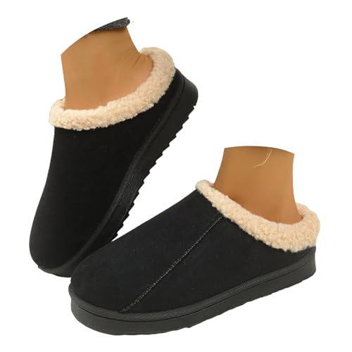 Womens Slippers Fleece Fuzzy Lined Memory Foam House Shoes for Indoor Outdoor Suede Leather Slipper Cozy Shoes with Plush Collar Women Platform Anti-Slip Warm Winter Fluffy Slippers