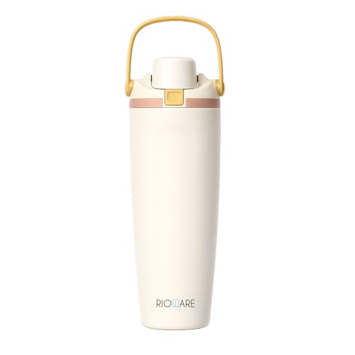 Image of Rioware 900ml Vacuum Insulated Stainless Steel Tumbler with Flip Cap | 304 Grade Steel | 8 Hrs Hot & 14 Hrs Cold | Leakproof Travel Coffee Mug | Large Capacity Water Bottle with Handle| BPA Free Cream