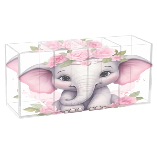 J JOYSAY Cute Elephant Baby Pen Holder for Desk 4 Compartments Clear Acrylic Pencil Pen Holder Cup Stationery Organizer Pen Cups for Home Supplies
