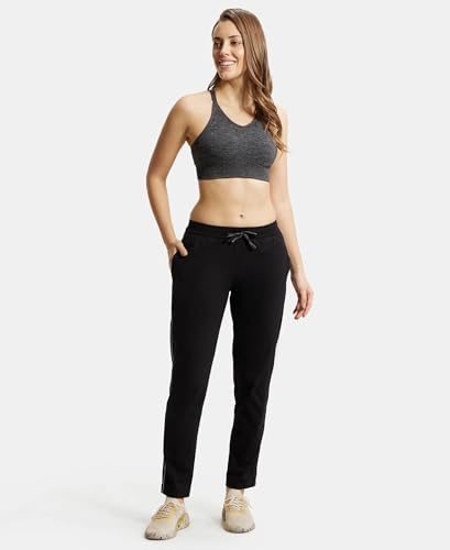Image of Jockey 1305 Women's Super Combed Cotton Rich Relaxed Fit Mid Rise Trackpants with Contrast Side Piping and Pockets