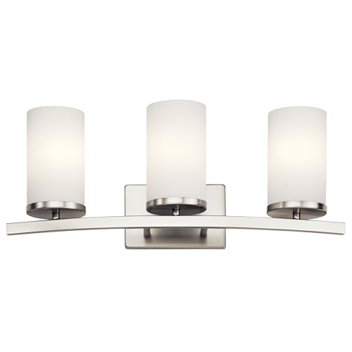 Image of Kichler Crosby 23 inch Vanity Light in Brushed Nickel, 3-Light Contemporary Bathroom Light with Satin Etched Cased Opal Glass, (23 inch L x 8.75 inch H), 45497NI