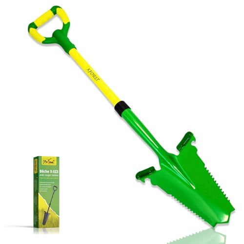 Xforst Spaten mit Wurzelsäge SZ3 – Wurzelspaten & Gärtnerspaten aus Carbonstahl – 114 cm Fiberglasstiel mit ergonomischem Griff & breiter Trittkante – Gartenschaufel für Garten & Außenarbeiten