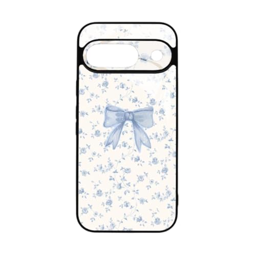 qizjio Cute Blue Bow Phone Case Shockproof Protective Aesthetic Floral Blue Flower Phone Cover for Google Pixel 9