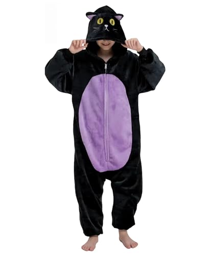Solvienne Kids Cat Animal Onesie Zip Up Flannel One Piece Pajamas with Pockets for Boys and Girls Halloween Costume Cosplay Loungewear