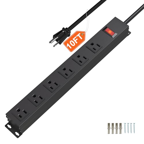 Image of 6 Outlet Power Strip with Wide Spaced and 10FT Power Cord,Wall Mount Metal Industrial Power Strip Heavy Duty for Commercial,Garage,School and Home,15A 125V 1875W,Black(10FT)