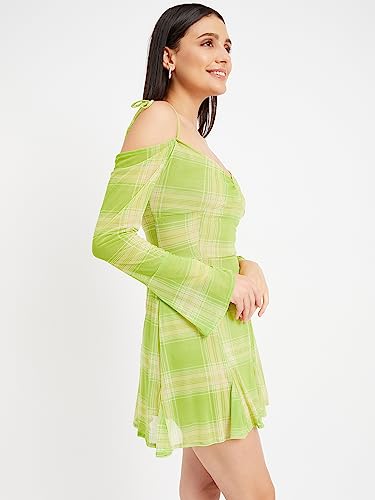 Image of DRAPE AND DAZZLE Printed Mesh Trumpet Sleeve Mini Dress with Tie Detailing for Women