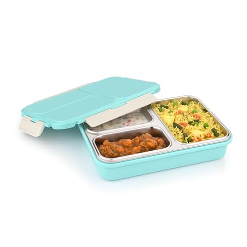 Image of Vinod GO-Tiffin Stainless Steel 3 Compartment Insulated Lunch Box | Blue | Leaf-Proof, Vacuum Sealed & Air Tight | Tiffin Box for Office, Kids & Adults | Freezer Safe | with Safety Lock