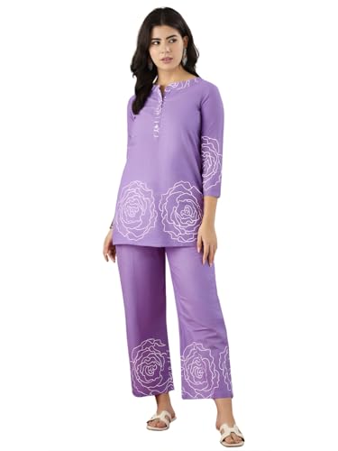 Image of Naixa Women's Lavender Cotton Printed Straight Kurta with Pant | Co-ord Set (NX-CS02)