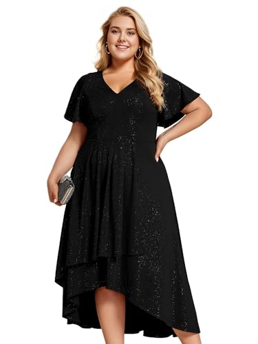 Ever-Pretty Women's Plus Size High Low Chiffon Dress - V Neck Wedding Guest Dress With Sleeves
