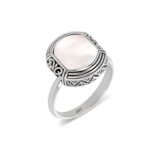 Aden - Bague ethnique nacre blanche sertie argent 925-56