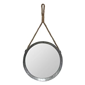 Stonebriar Rustic Round Galvanized Metal Mirror with Rope Hanging Loop Farmhouse Home Decor For Bathroom Bedroom and Living Room 119 Grey