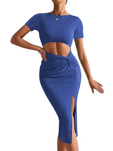 Image of Rooscier Women's Twist Cutout Waist Split Crewneck Short Sleeve Bodycon Midi Dress