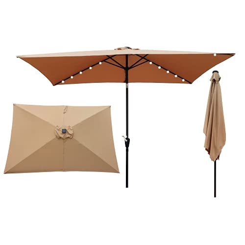 Fuzofuiz Patio Umbrella Solar Led Lighted Outdoor Rectangular Umbrella Patio Market Table Umbrella With Tilt And Crank Waterproof Sunshade Canopy 6 Ribs For Garden, Lawn, Deck, Backyard & Pool (Brown) #TOP28