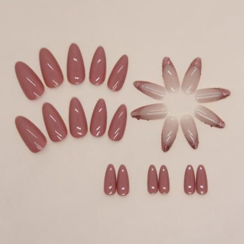 Image of Brick Red Press on Nails Medium Almond Fake Nails with Pink Glitter Design French Tip Glue on Nails Glossy Acrylic Full Cover Nude Stick on Nail Fall False Nail For Women Girls Manicure 24pcs