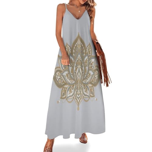 Robe longue bohème col en V sans manches et motif lotus chic